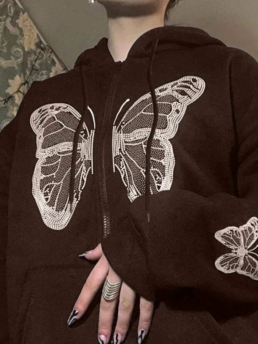 Outerwear | * Y2K Butterfly Oversized Zip Up Hoodie