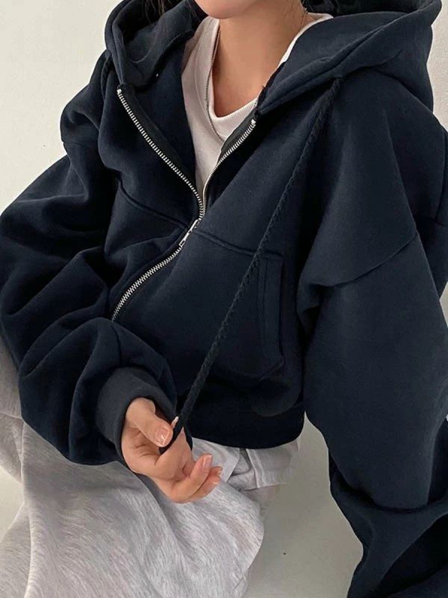 Outerwear | * Navy Blue Cropped Zip Up Hoodie