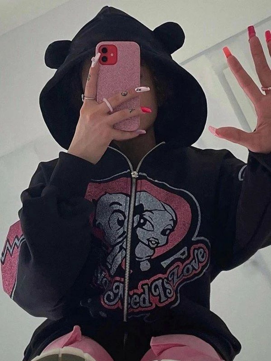 Outerwear | * Cute Ear Cartoon Graphic Zip Up Hoodie