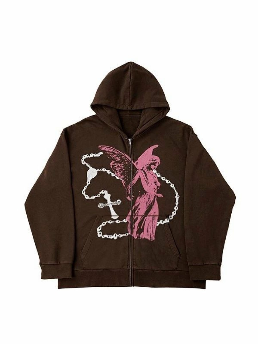 Outerwear | * Oversized Angel World Graphic Zip Up Hoodie