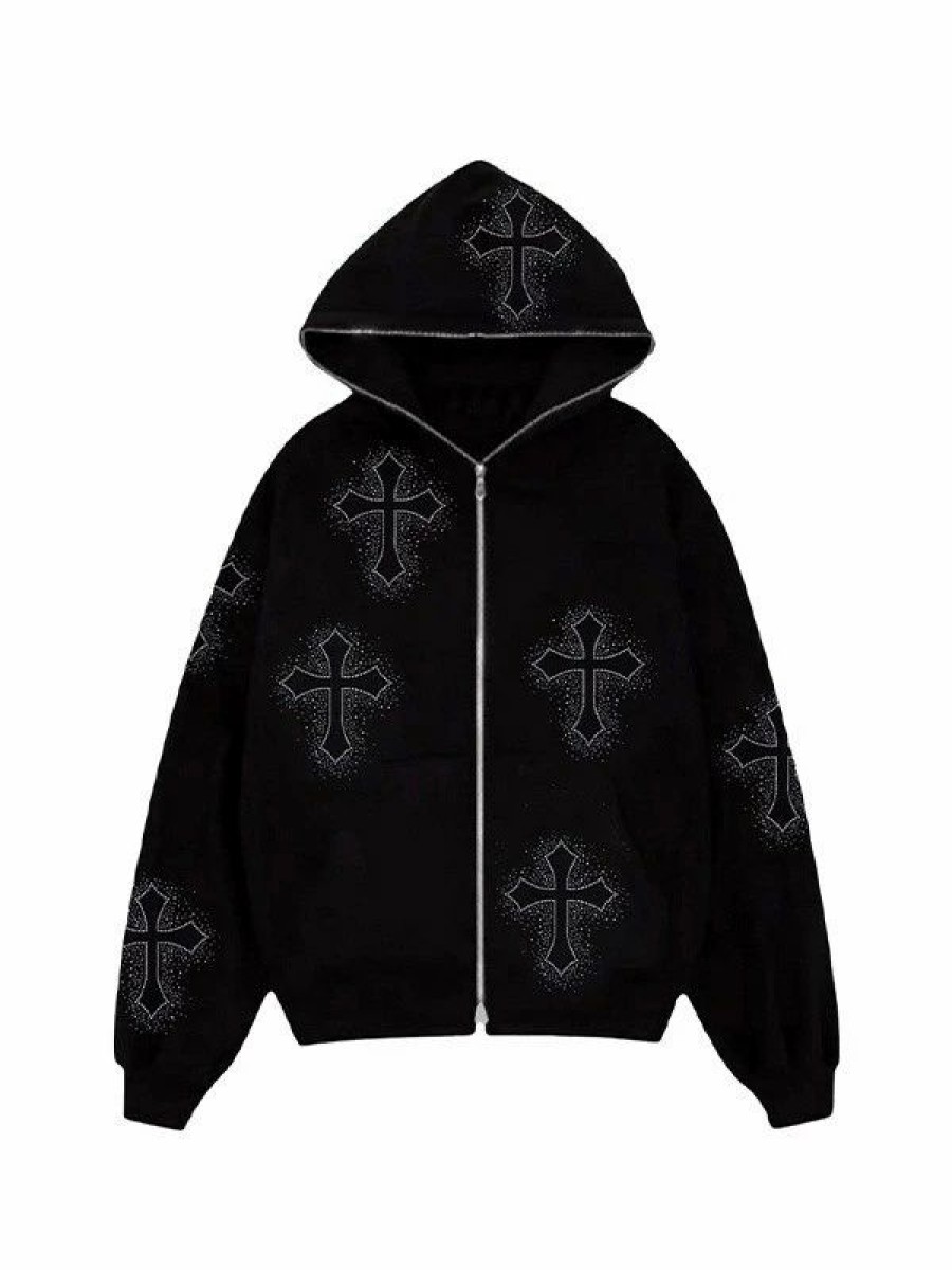 Outerwear | * Rhinestone Cross Pattern Zip Up Hoodie