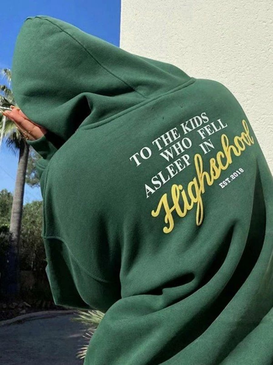 Outerwear | * Letter Graphic Green Fleece Lined Hoodie