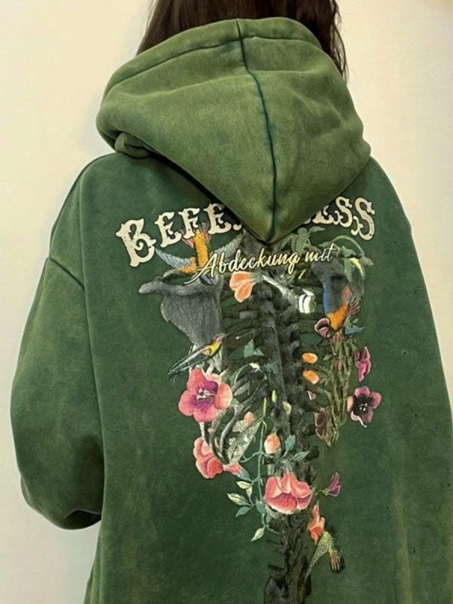 Outerwear | * Vintage Blooming Skull Fleece Lined Pullover Hoodie