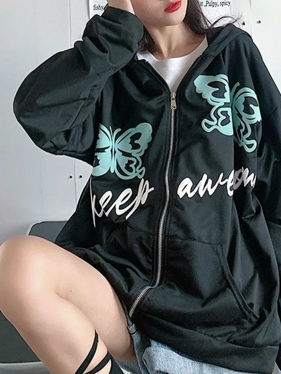 Outerwear | * Butterfly Print Zipper Hoodie