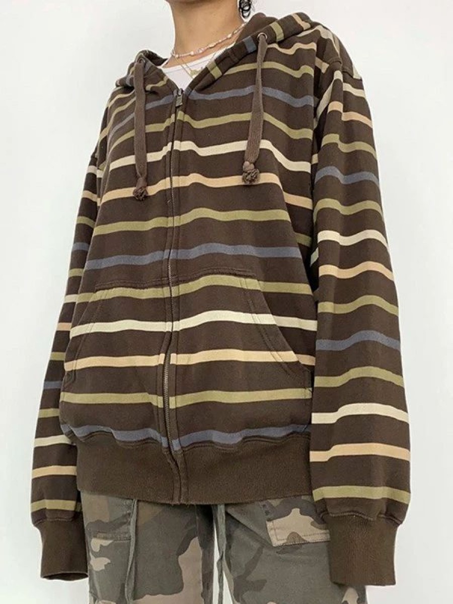 Outerwear | * Vintage Color Block Striped Zip Up Hoodie