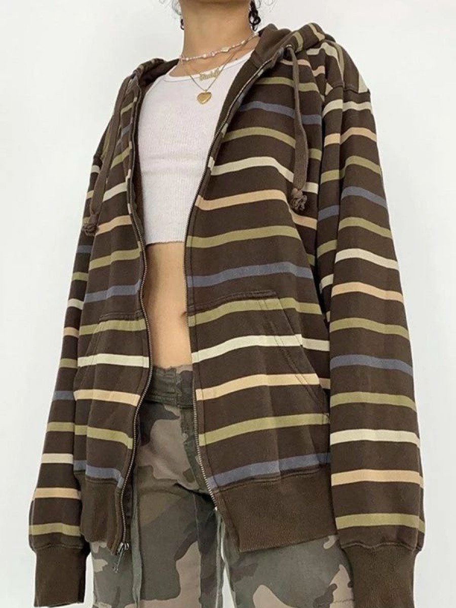 Outerwear | * Vintage Color Block Striped Zip Up Hoodie