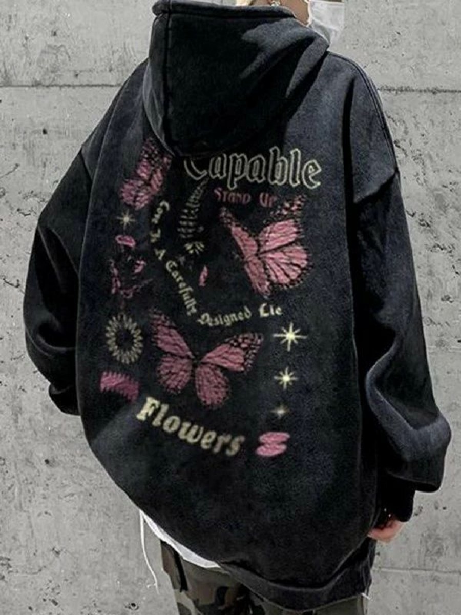 Outerwear | * Men'S Vintage Wash Floral Butterfly Pullover Hoodie