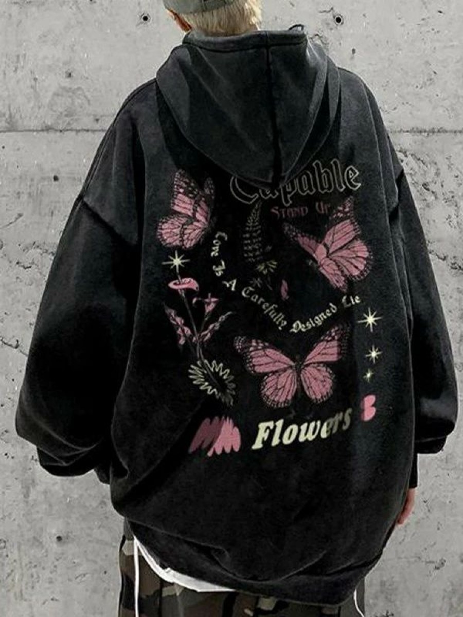 Outerwear | * Men'S Vintage Wash Floral Butterfly Pullover Hoodie