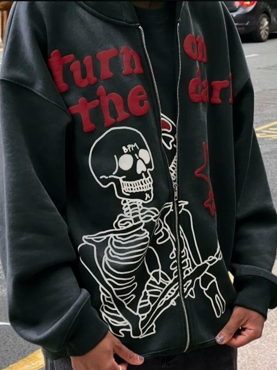 Outerwear | * Men'S Letter Skull Graphic Zip Up Hoodie