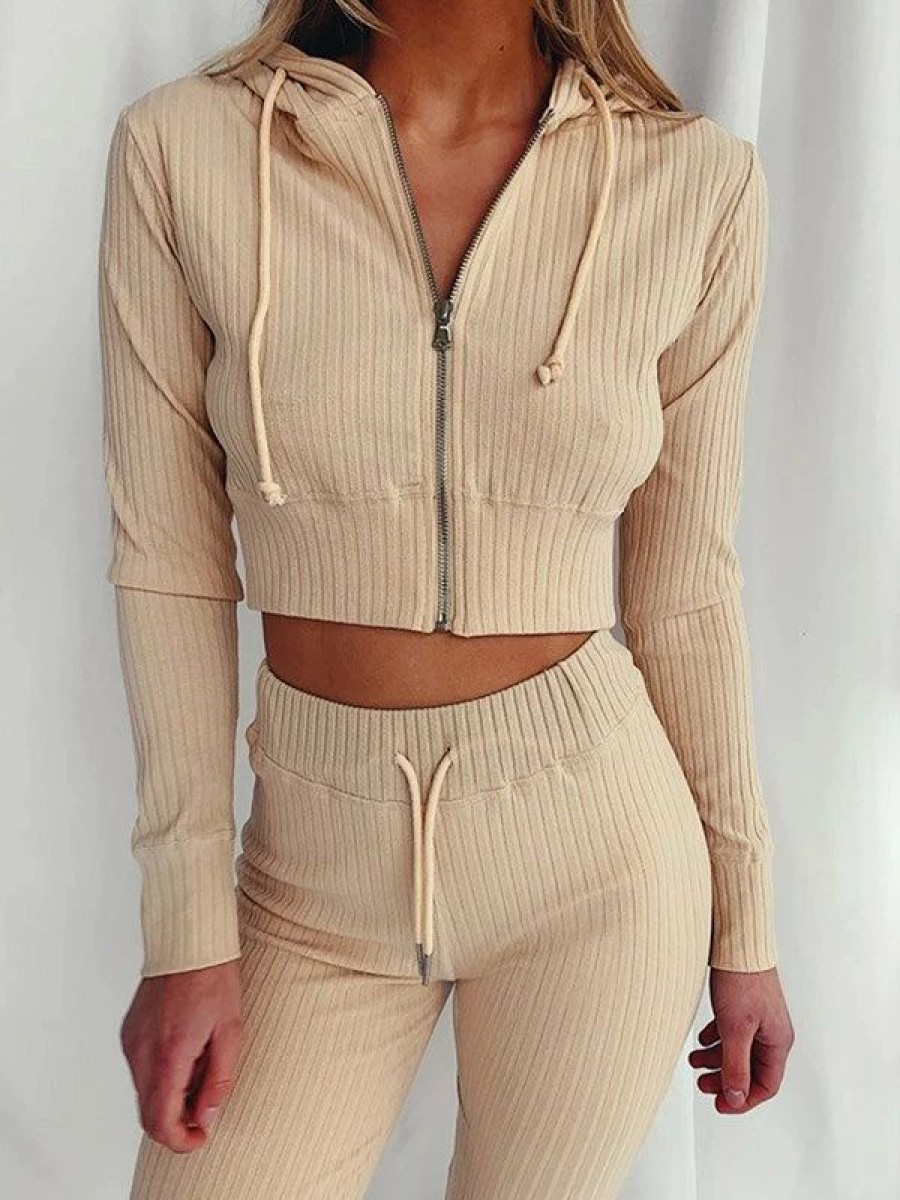 Two-Piece Outfits | * Zip Up Crop Hoodie & Drawstring Waist Pants Set