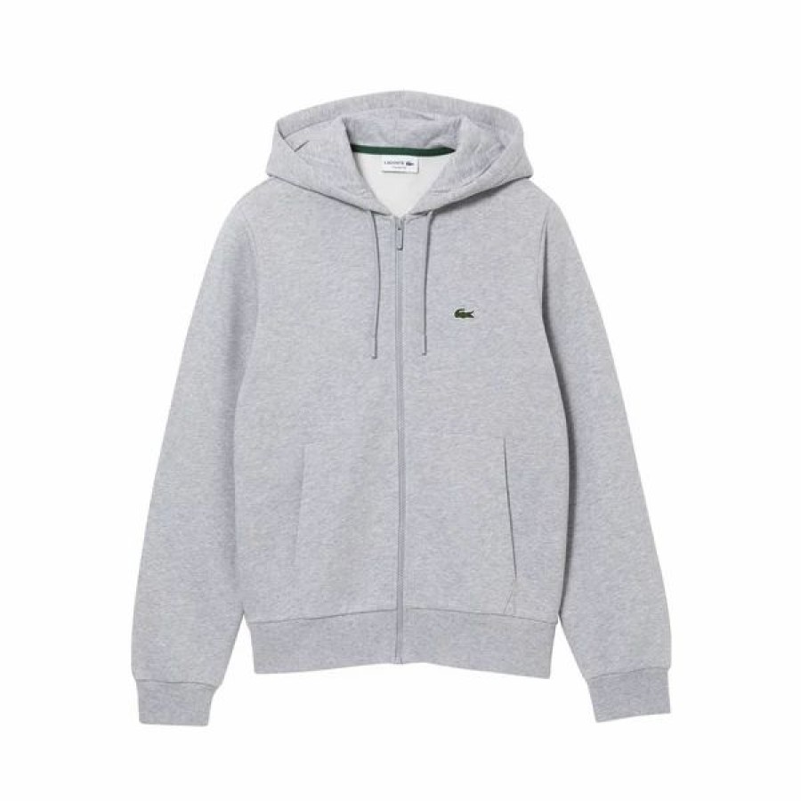 Mens Tops | * Men'S Lacoste Grey Chine Kangaroo Pocket Fleece Hoodie Sweatshirt 3/S