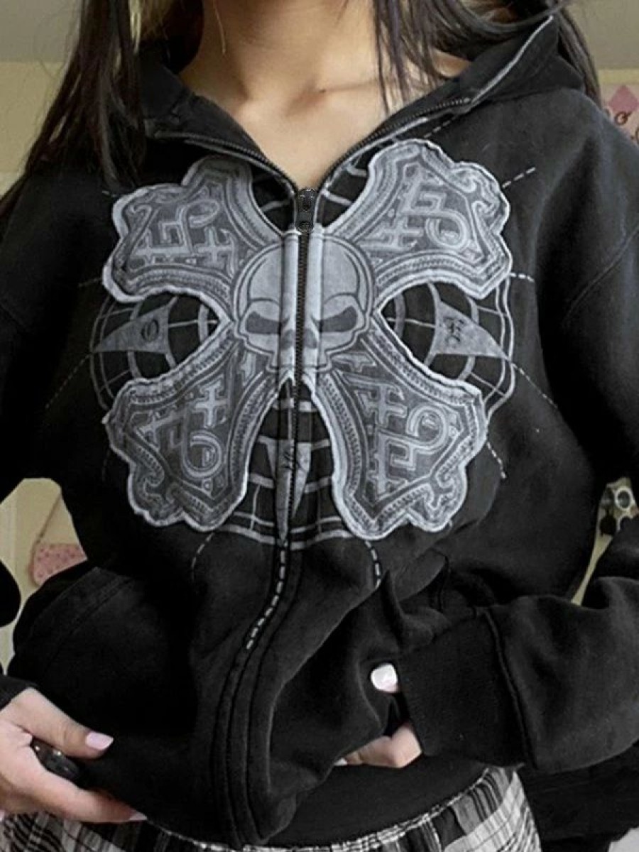 Outerwear | * Halloween Skull Graphic Zip Up Hoodie