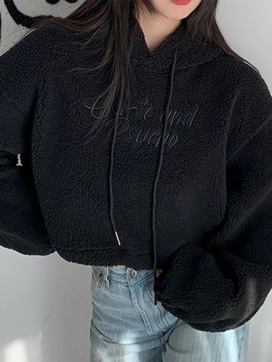 Outerwear | * Letter Embroidery Cropped Fleece Hoodie