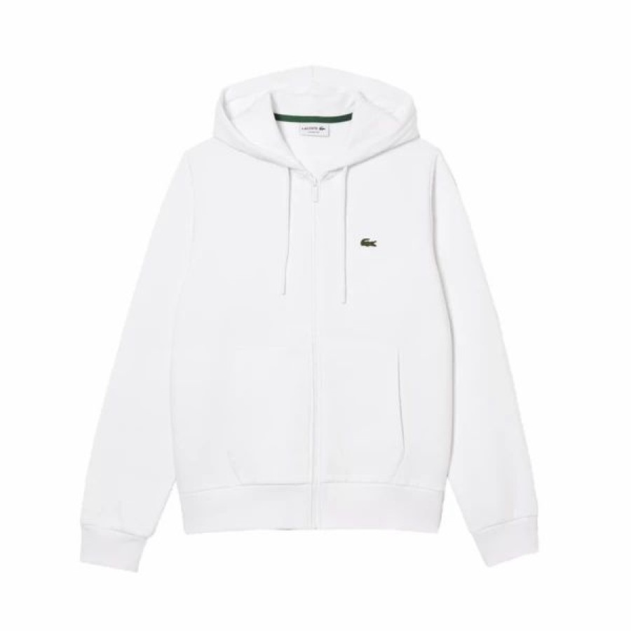 Mens Tops | * Men'S Lacoste White Kangaroo Pocket Fleece Hoodie Sweatshirt 3/S