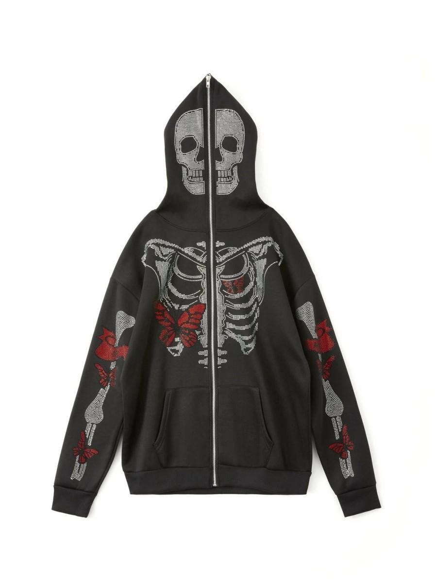 Outerwear | * Men'S Rhinestone Butterfly Skull Zip Up Hoodie