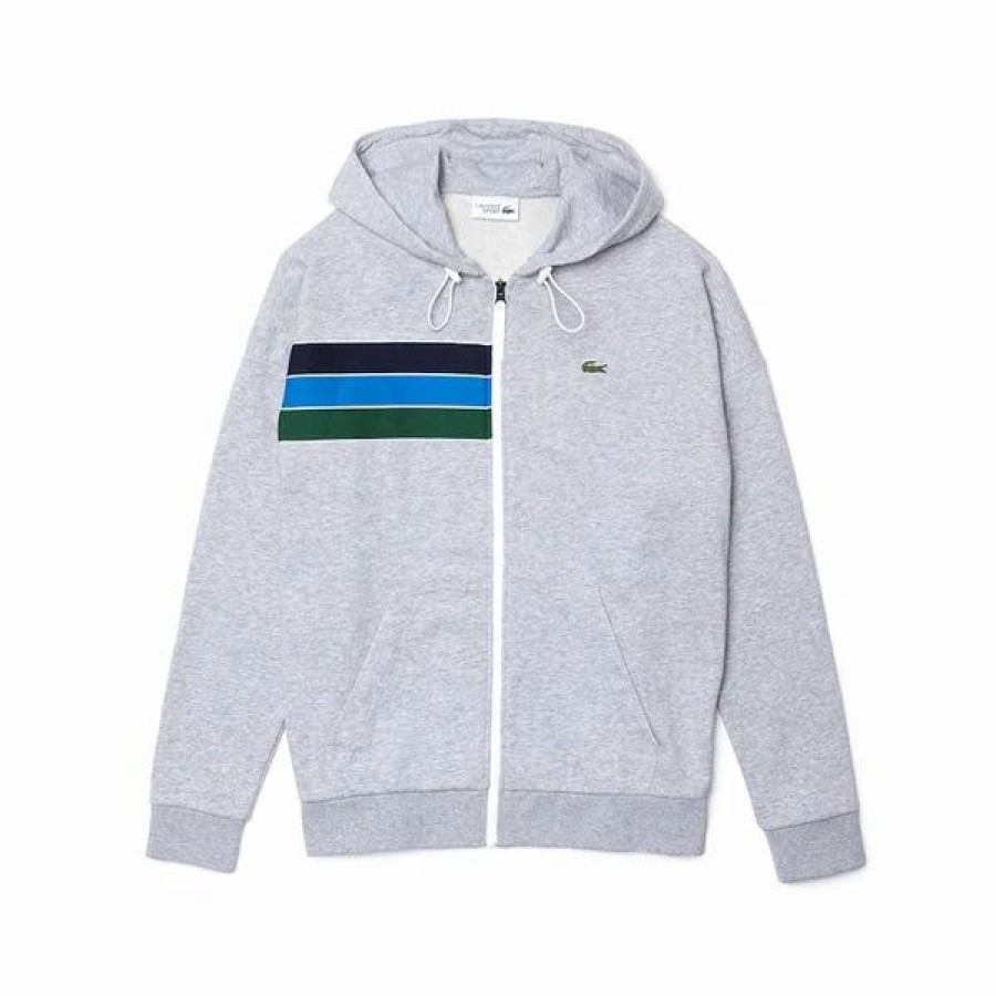 Mens Tops | * Lacoste Sport Silver Chine/Navy Blue/Utramarine Colourblock Fleece Zip Hoodie 5/L