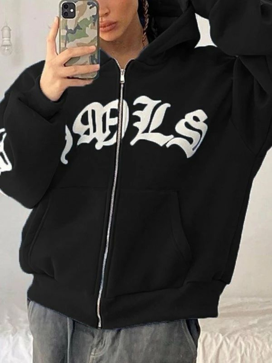 Outerwear | * Gothic Letter Graphic Zip Up Hoodie