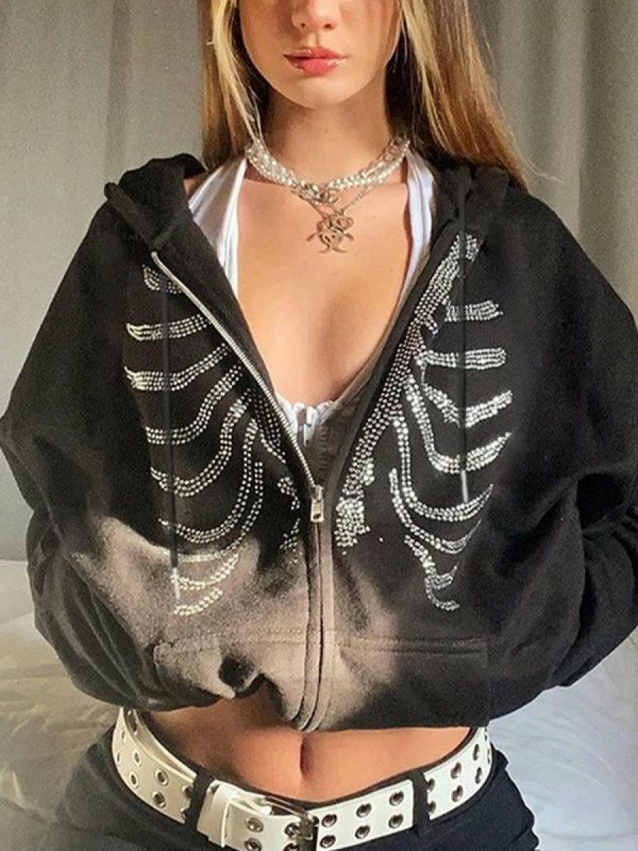 Outerwear | * Rhinestone Skull Zipper Hoodie