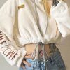 Outerwear | * Letter Embroidery Fleece Crop Hoodie