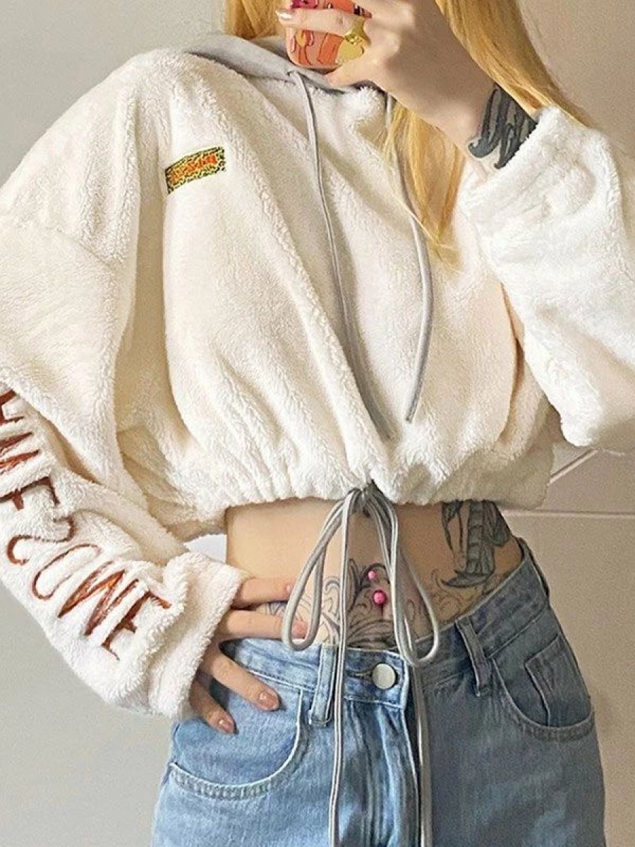 Outerwear | * Letter Embroidery Fleece Crop Hoodie