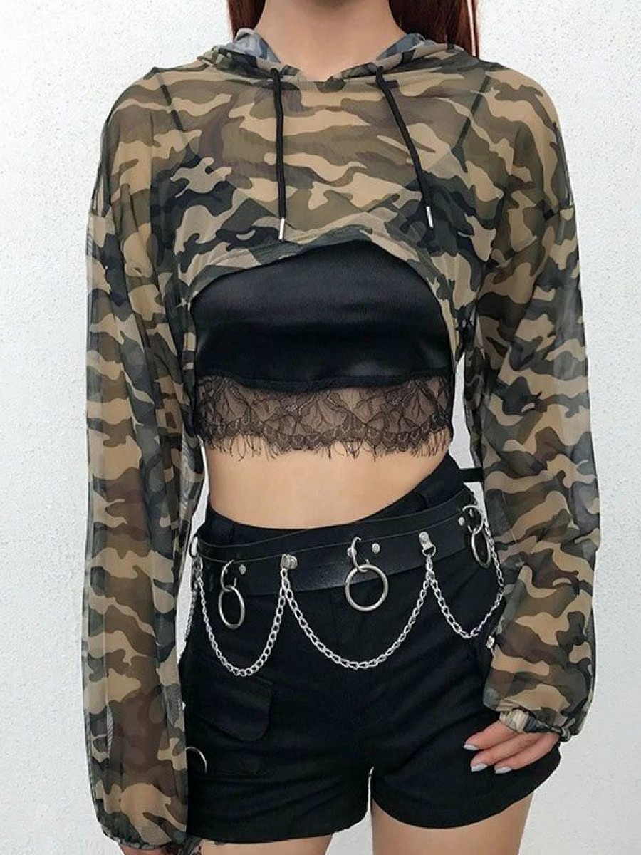 Outerwear | * Mesh Camo Print Super Crop Hoodie