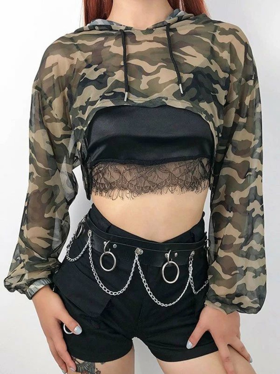 Outerwear | * Mesh Camo Print Super Crop Hoodie