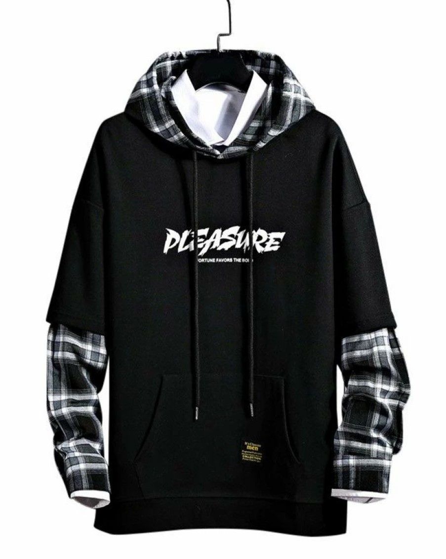 Outerwear | * Men'S Plaid Patchwork Letter Print Hoodie