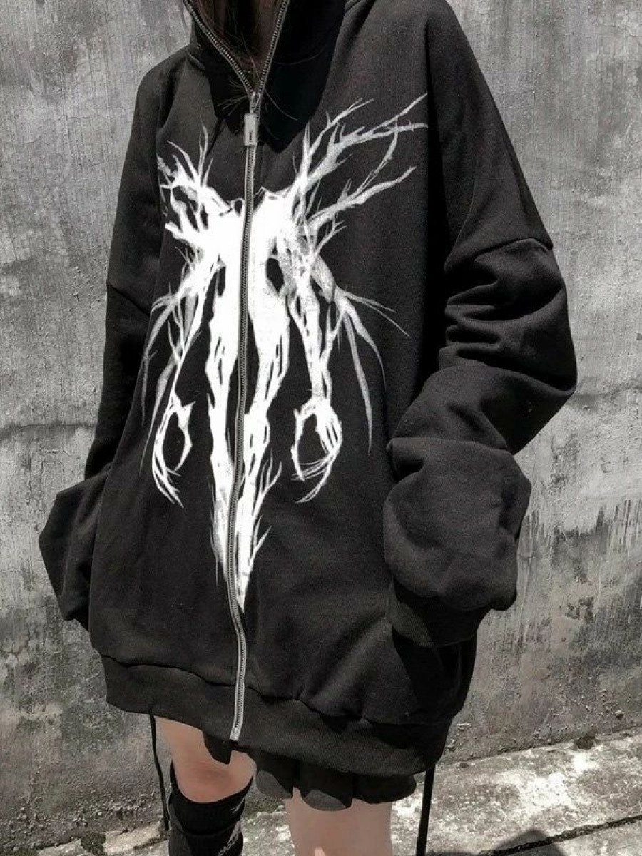 Outerwear | * Zipper Gothic Print Oversized Hoodie