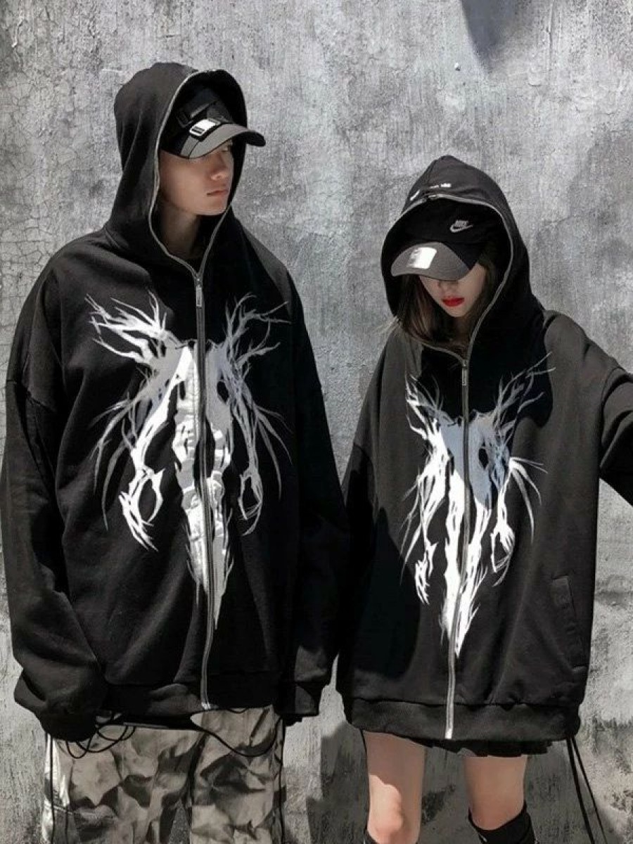 Outerwear | * Zipper Gothic Print Oversized Hoodie