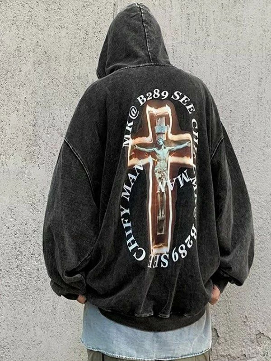 Outerwear | * Men'S Vintage Wash Cross Graphic Pullover Hoodie