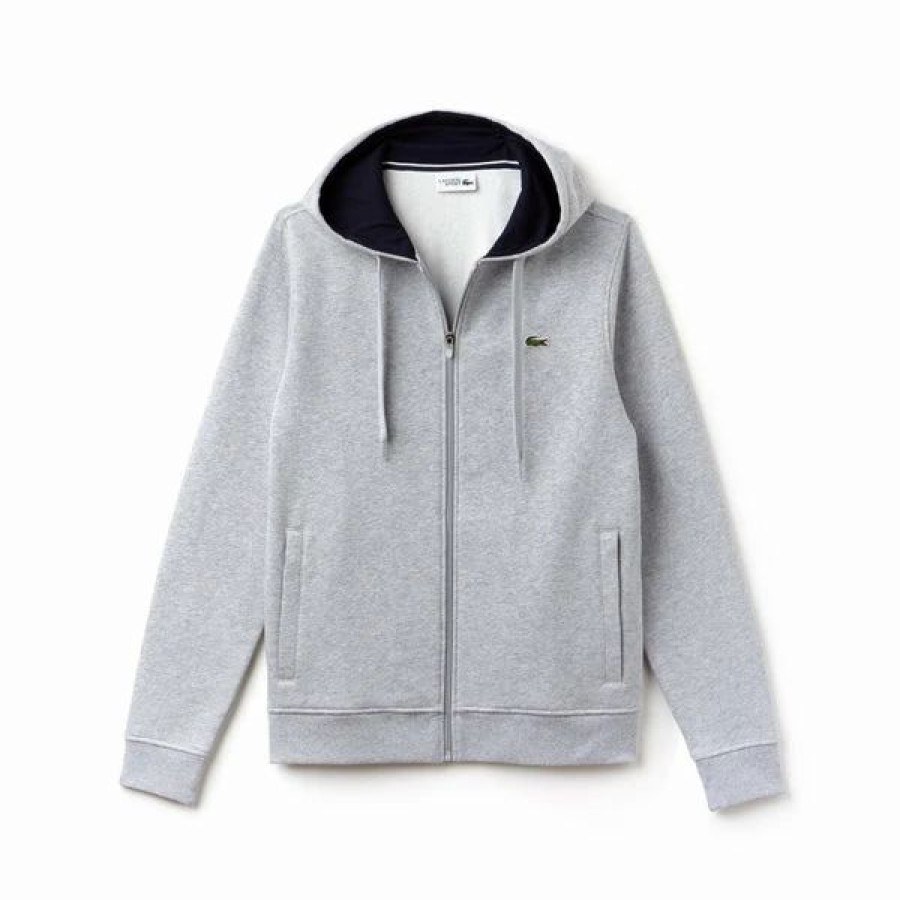 Mens Tops | * Men'S Lacoste Silver Chine/Navy Blue Sport Full Zip Brushed Fleece Hoodie 3/S